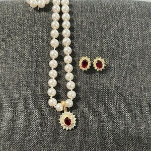 Elegant Pearl Necklace and Earring Set with Red Accents